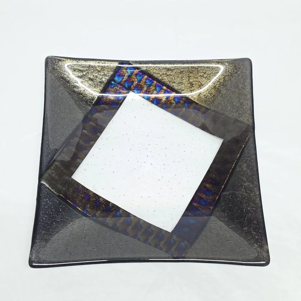 Chris Paulson Fused Art Glass Trinket Tray Plate Signed Dichroic Iridescent